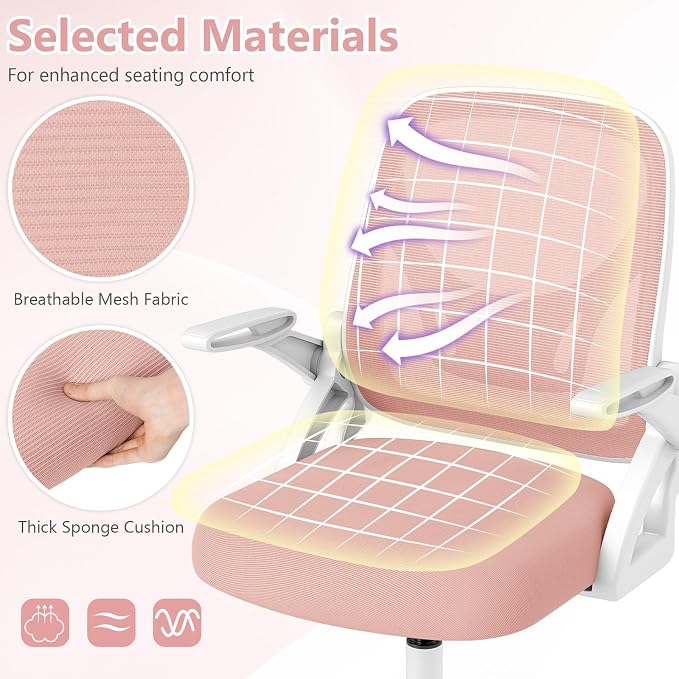 Giantex Mesh Office Chair, Ergonomic Desk Chair with Flip-up Arms & Lumbar Support, Height Adjustable Swivel Computer Desk with High Back for Home Office (Pink)
