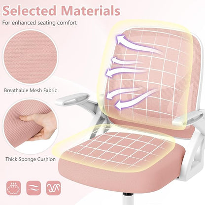 Giantex Mesh Office Chair, Ergonomic Desk Chair with Flip-up Arms & Lumbar Support, Height Adjustable Swivel Computer Desk with High Back for Home Office (Pink)