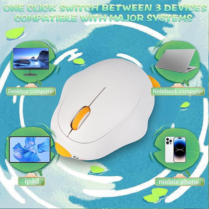 Cute Duck Bluetooth Wireless Mouse -Rechargeable,Dual Mode Connection, Silent Scroll Wheel, 1600 DPI - Perfect for Laptops, PCs, and Tablets (White)