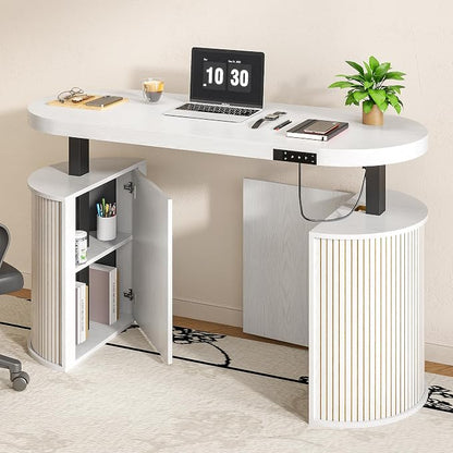 Mid Century Modern Electric Standing Desk with Storage, 55 x 22 Inch Small Sit Stand Up Desk, Wood Adjustable Height Computer Executive Desk for Home Office, Laptop, White