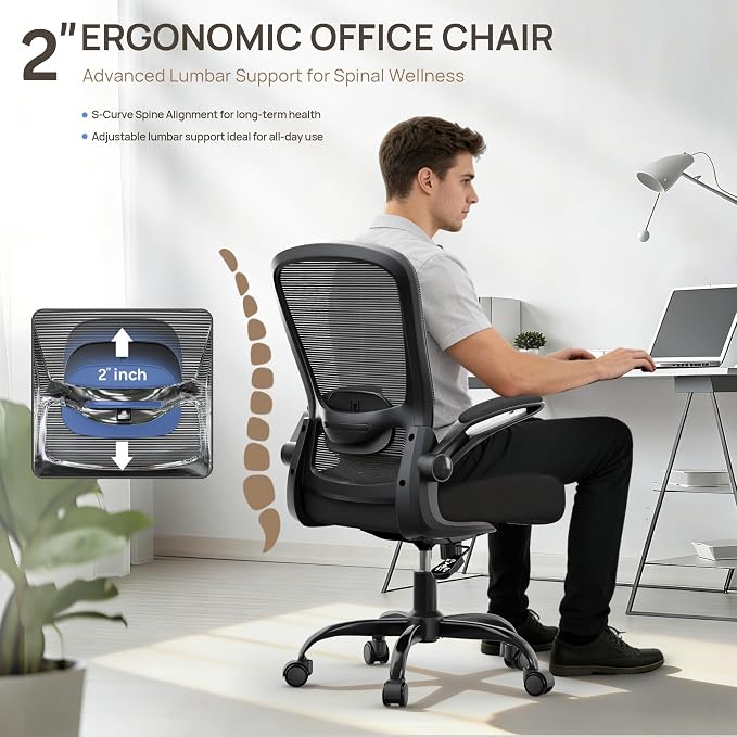 Mimoglad Ergonomic Office Chair, Comfortable Desk Chair with Flip-up Armrests, Adjustable Lumbar Support, 135° Reclining Mesh Computer Chair for Home Office, Small Spaces and Team Office, Black