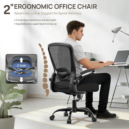 Mimoglad Ergonomic Office Chair, Comfortable Desk Chair with Flip-up Armrests, Adjustable Lumbar Support, 135° Reclining Mesh Computer Chair for Home Office, Small Spaces and Team Office, Black