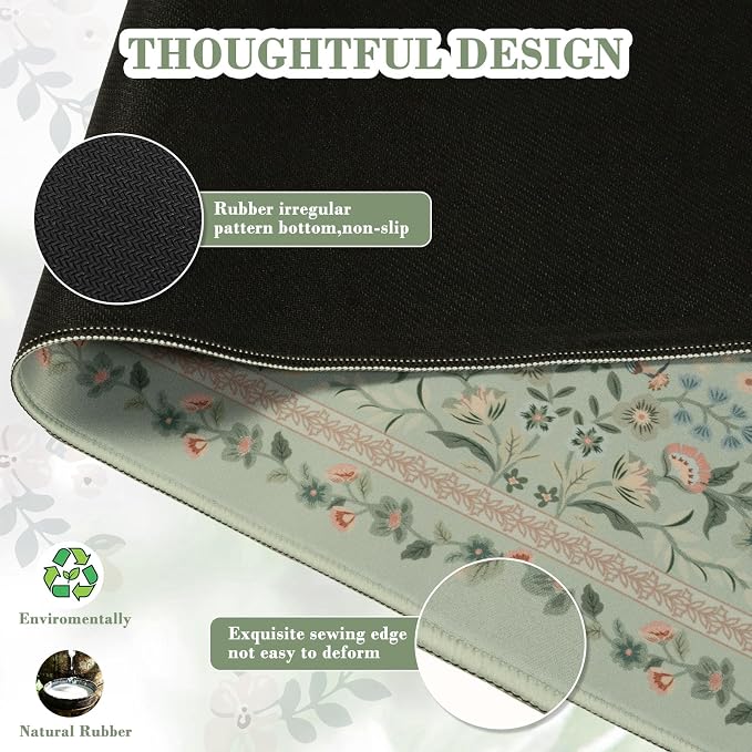 iCasso Aesthetic Floral Desk Mat, L Mouse Pads, Anti-Slip Mousepad with Stitched Edges, Waterproof Computer Pad 11.8"x31.5", Desk Accessories Office Decor for Women(Light Green)