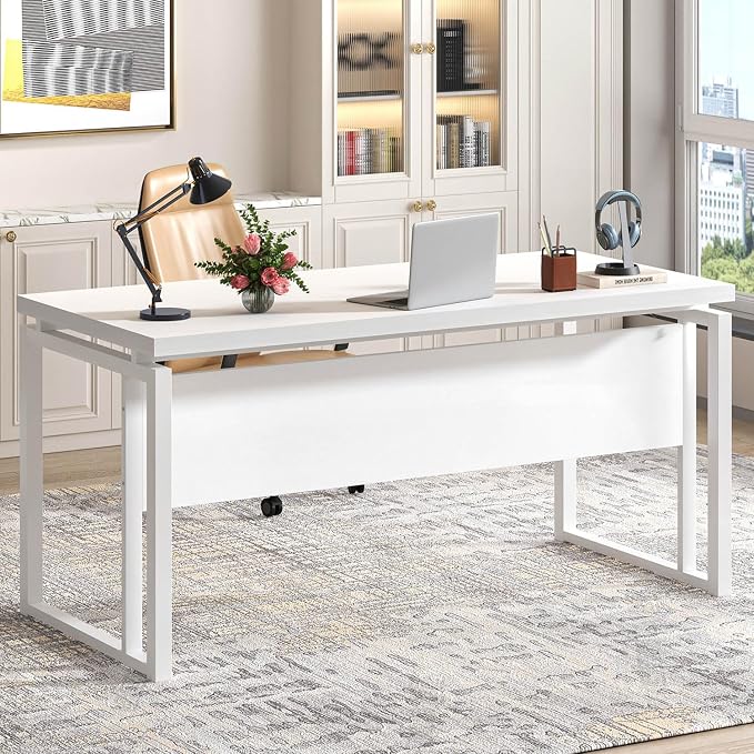 EXCEFUR White Computer Desk, Simple Wood and Metal Home Office Desk, Modern Study Writing Table Workstations for Living Room Bedroom, 53 Inch