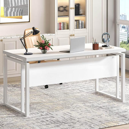 EXCEFUR White Computer Desk, Simple Wood and Metal Home Office Desk, Modern Study Writing Table Workstations for Living Room Bedroom, 53 Inch