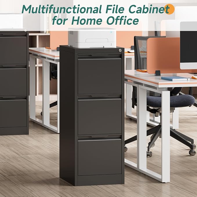 3 Drawer File Cabinet with Lock for Home Office | Small Metal Filing Cabinet, Under Desk, Vertical Organizer, Legal/Letter Size File, Easy Assembly