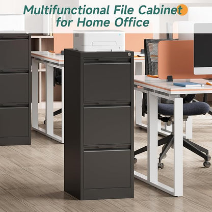 3 Drawer File Cabinet with Lock for Home Office | Small Metal Filing Cabinet, Under Desk, Vertical Organizer, Legal/Letter Size File, Easy Assembly