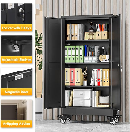 PAOFIN Metal Garage Storage Cabinet with Wheels,Steel File Cabinets with 2 Doors and 3 Adjustable Shelves for Home Office, Warehouse, Required Assembly,Black