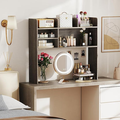 LDAILY 3-Tier Desktop Bookshelf, Wooden Desk Hutch for Computer Monitor Up to 32 Inch, Desk Organizer Shelf with Adjustable Shelf & 6 Storage Shelves, Desk Display Rack for Home Office Dorm (Grey Oak)