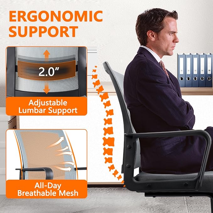 CLATINA Office Guest Chair with Lumbar Support and Mid Back Mesh Space Air Grid Series for Reception Conference Room Gray 2 Pack