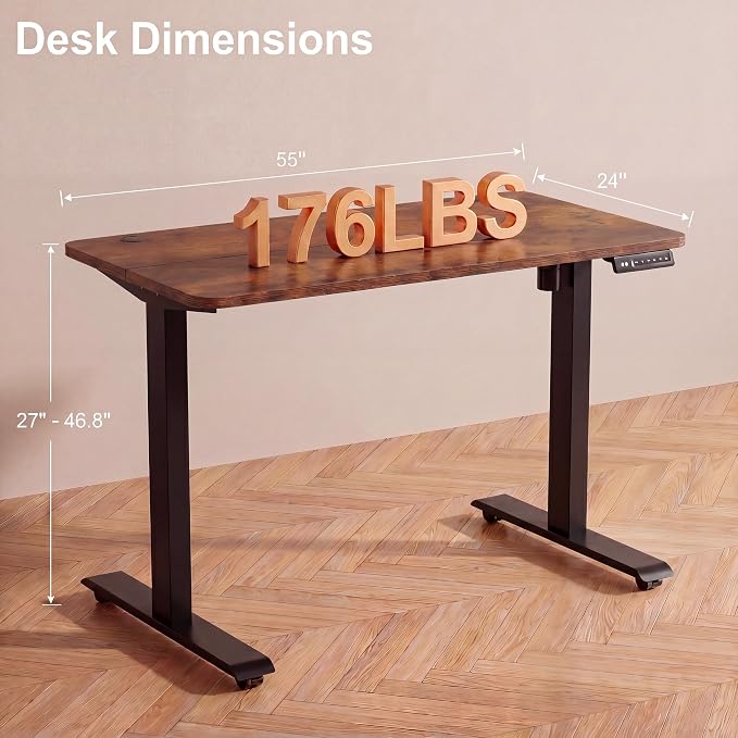 Electric Standing Desk with Power Outlets and USB-C Port, 55 x 24 Inches Adjustable Height Sit Stand Up Desk for Home Office, Adjustable Desk with Memory Preset and Wheels, Brown