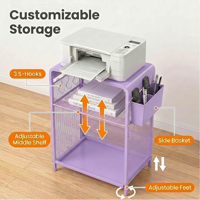 ECOLOVI 3 Tier Printer Stand for Under Desk, Height Adjustable Shelf Small Printer Table with 3 S-Hooks & Basket, Heavy Duty Industrial Storage Shelf for Home Office (Purple Metal)