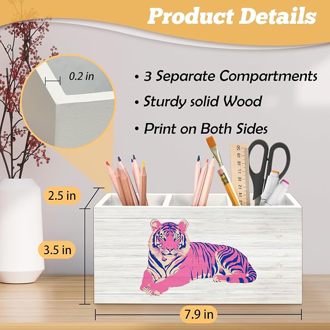 Trendy Retro Pink Tiger Pen Holder Organizer for Desk Accessories, Funky Preppy 70s Wooden Box Sign Desk Decorations for Girly Room Bedroom Dorm School Decor, Tiger Gifts for Women