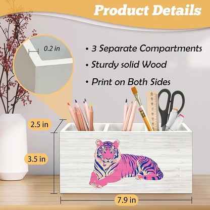 Trendy Retro Pink Tiger Pen Holder Organizer for Desk Accessories, Funky Preppy 70s Wooden Box Sign Desk Decorations for Girly Room Bedroom Dorm School Decor, Tiger Gifts for Women