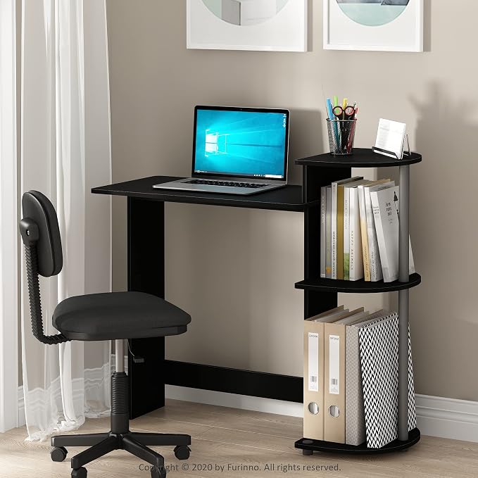 Furinno Compact 29-Inch Black Computer Desk, Gaming Desk with Shelves, Office Desk with Book Shelf, for Home Office, Study Room, Dorm, Bedroom, Black