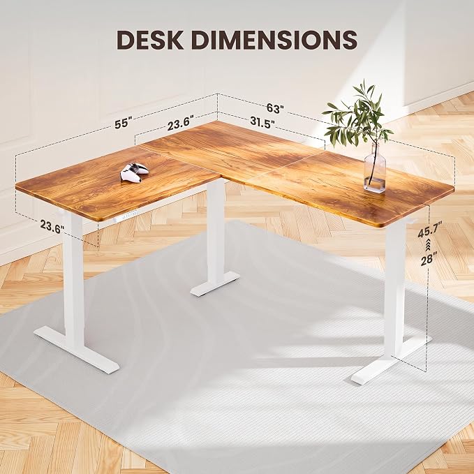 ErGear L Shaped Standing Desk, 63"x55" Electric Adjustable Height Sit Stand up Desk, Ergonomic Large Computer Table, Left & Right Interchangeable Installation, Suitable for Home Office, Light Vintage