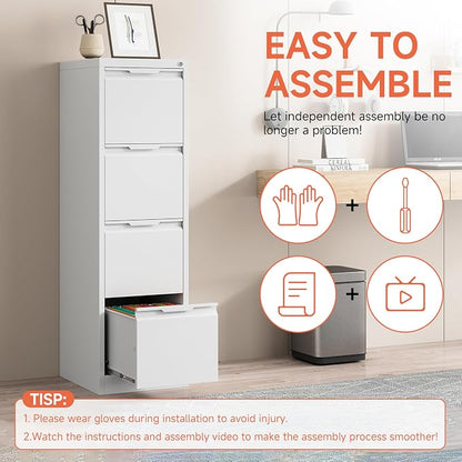 4 Drawer File Cabinet with Lock,17.8" Deep Metal Filing Cabinet,Vertical File Cabinets for Home Office,Locking File Drawer Tall for Hanging Letter/A4/Legal Folders, Easy Assemble-White