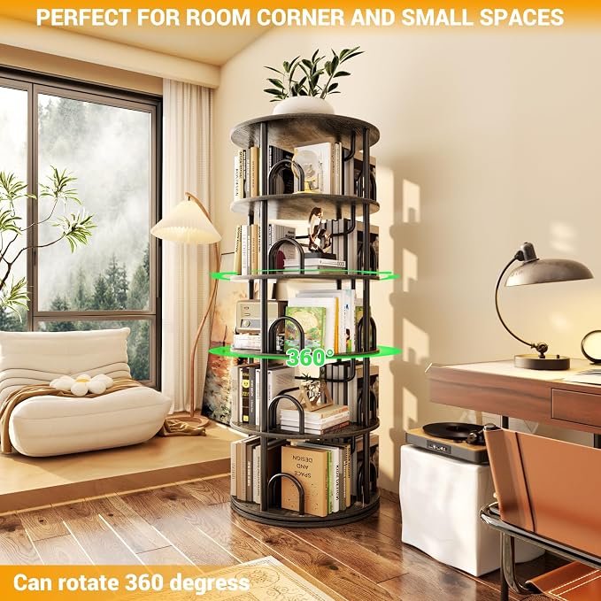 Aheaplus 5 Tier Rotating Bookshelf Tower, 360 Display Spinning Bookcase, Revolving Round Book Shelf Narrow Swivel Bookshelf, Vertical Turning Corner Book Organizer for Small Space, Black Oak