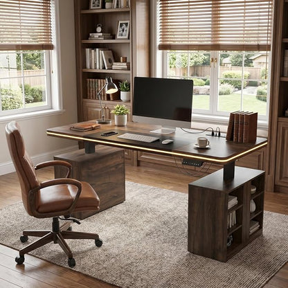 MOUMON 63" Executive Standing Desk with Storage Pedestals and LED Lights, Electric Height Adjustable Desk with Shelves and Built-in Outlets, Walnut and Black 63" W x 27.6" D x 29.4"-46.9" H