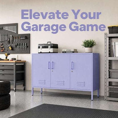 Purple Wide 3-Door Accent Cabinet, Lockable Metal Sideboard with Adjustable Shelves, Multifunctional Cabinet for Home Living Room Kitchen Bedroom