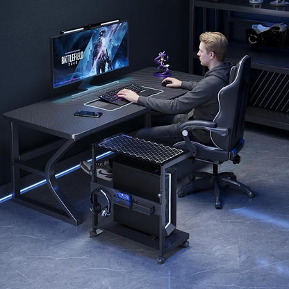 EUREKA ERGONOMIC Height Adjustable Computer Tower Stand, Illuminated Glass Panel PC Stand w/RGB Lights, 2-Tier CPU Holder Cart Under Desk, PC Floor Stand for Office Gaming, APP Control