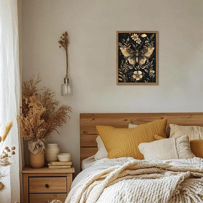 Vintage Moth Canvas Wall Art, Dark Academia Gothic Decor, Insect Botanical Painting, Enchanted Moth Flowers Picture Print, Nature Wall Decor for Living Room Bedroom 12x16 inch Wood Framed