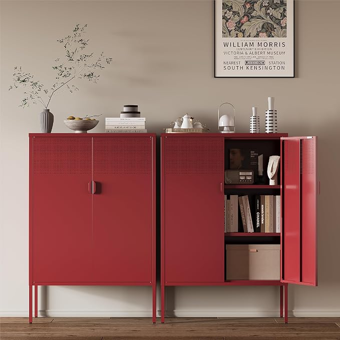 Metal Storage Cabinet,2 Door TV Stand, Metal Mesh Accent Cabinet,Magnetic Door Closure,Low Storage Cabinets with Doors and Shelves