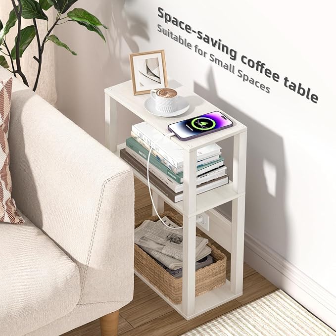 YUFAM 3 Tier Small Narrow Bamboo Side Table Set of 2 with Charging Station - Skinny Nightstand for Small Spaces, Slim Bedside Table with USB Ports and Outlets - Thin End Table with Storage, Grey White