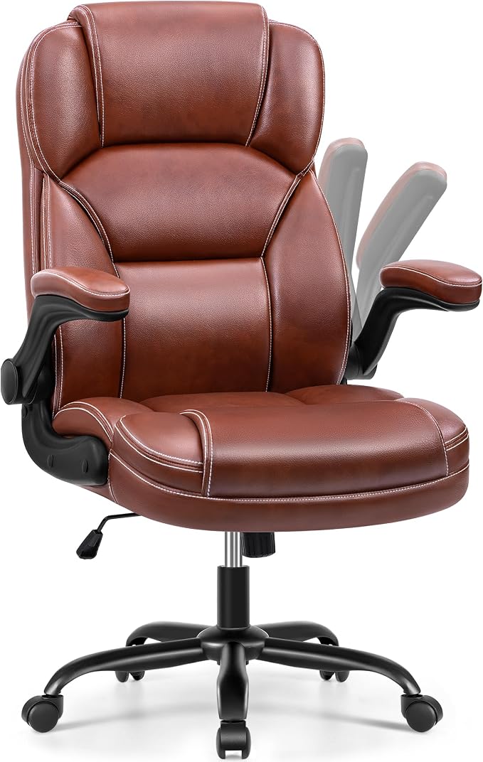PU Leather Office Chair, Ergonomic High-Back Desk Computer & Gaming Chair with Adjustable Height, Rolling Swivel & Flip-Up Armrests, Comfy Padded Seat for Home Office-Brown