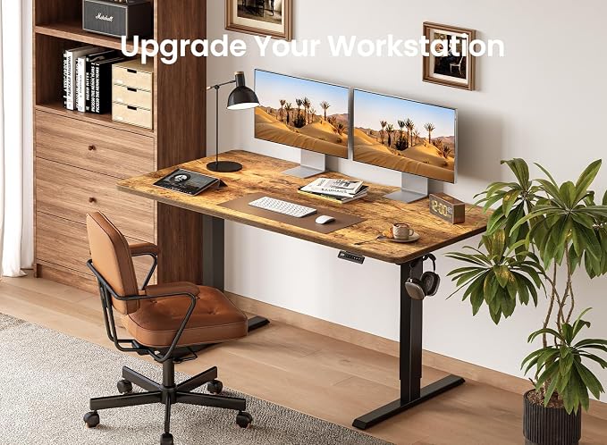 BANTI 63 × 28 Inches Standing Desk, Ergonomic, Electric Height Adjustable, Sit and Stand Up, Computer Desk with a Deeper Desktop, Black Frame/Rustic Brown Top
