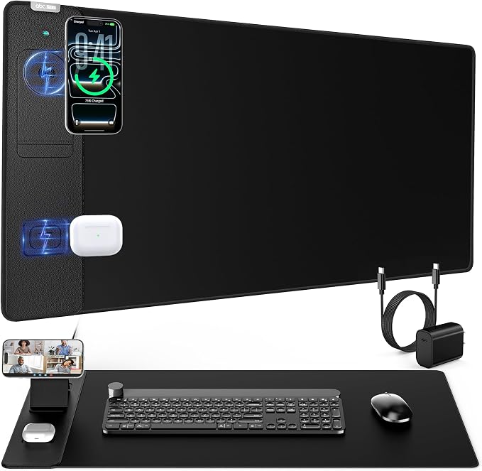 Wireless Charging Mouse Pad with Magnetic Phone Stand, 31.5"x15.8" Large | Waterproof Mousepad Desk Mat, Smooth Glide, Stitched Edge, Non-Slip Rubber Base, Computer Keyboard Mat, with Adapter