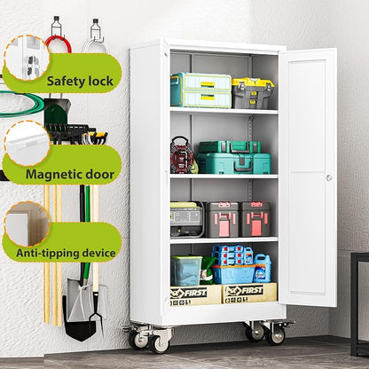 Metal Garage Storage Cabinet with Wheels, Rolling Storage Cabinet with Lock, Steel Cabinets with 2 Doors and 3 Adjustable Shelves for Garage, Home,Office, White