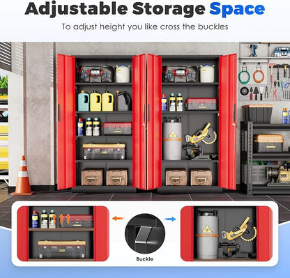 INTERGREAT Storage Cabinet with Doors and Shelves, Metal Garage Storage Cabinets with Lock, Black Lockable Steel Supply Cabinet for Home Office, Warehouse (Black Red)