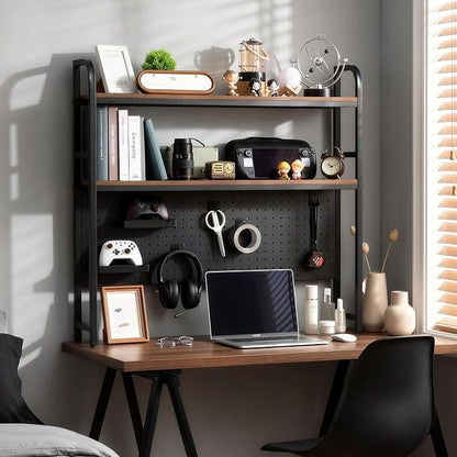 deli Desktop Shelf, Desk Hutch with Grid Panel, Desktop 2-Tier Display Rack, Multipurpose Metal Desktop Bookshelf Storage Organizer, Black
