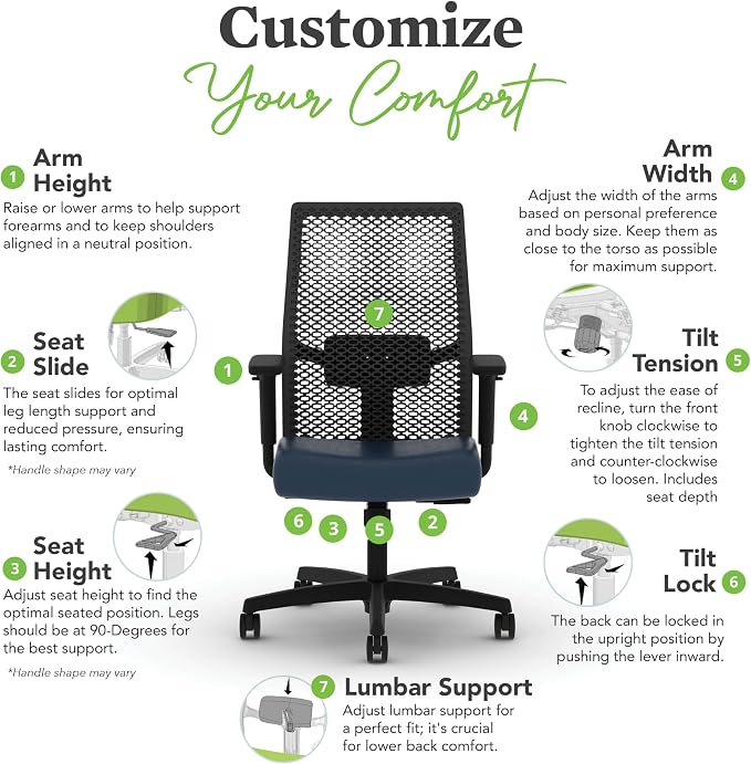 HON Ignition 2.0 ReActiv Ergonomic Office Chair, Mesh Desk Chair with Lumbar Support, Synchro‑Tilt Recline, Height and Width Adjustable Arms, Swivel Wheels, Black Frame, Ocean