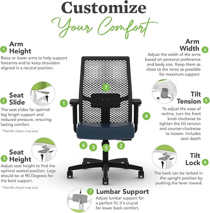 HON Ignition 2.0 ReActiv Ergonomic Office Chair, Mesh Desk Chair with Lumbar Support, Synchro‑Tilt Recline, Height and Width Adjustable Arms, Swivel Wheels, Black Frame, Ocean
