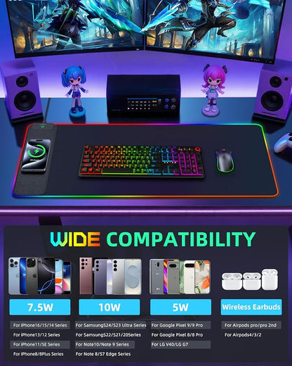 Wireless Charging Mouse Pad, RGB Gaming Desk Mat, 31.5"x15.7" Large XXL Desk Pad, 15 Lighting Modes, Ultra-Smooth Surface, Non-Slip Mouse Mat, Waterproof Computer Keyboard Pad for Desk, Office, Black