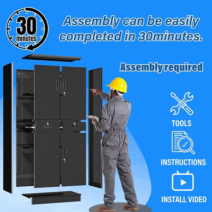 BESFUR Metal Storage Cabinet with 2 Drawers and Adjustable Shelves, 71" H Locking Storage Cabinet for Office, Garage, Home, School, Utility -Black