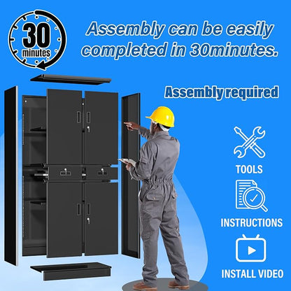 BESFUR Metal Storage Cabinet with 2 Drawers and Adjustable Shelves, 71" H Locking Storage Cabinet for Office, Garage, Home, School, Utility -Black