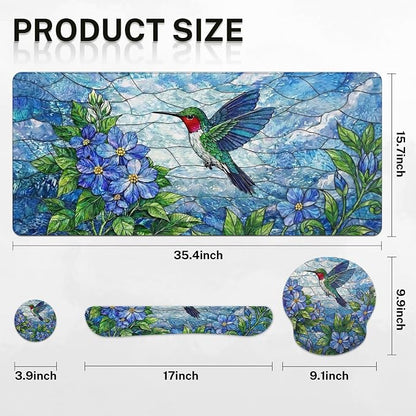 Britimes Floral Hummingbird Botanical Keyboard Mouse Pad Set Blue Nature 4in1 Large Mousepad+Keyboard Wrist Rest+Mouse Wrist Rest+Coaster Ergonomic Design for Home Office Computer 35.4x15.7 inches