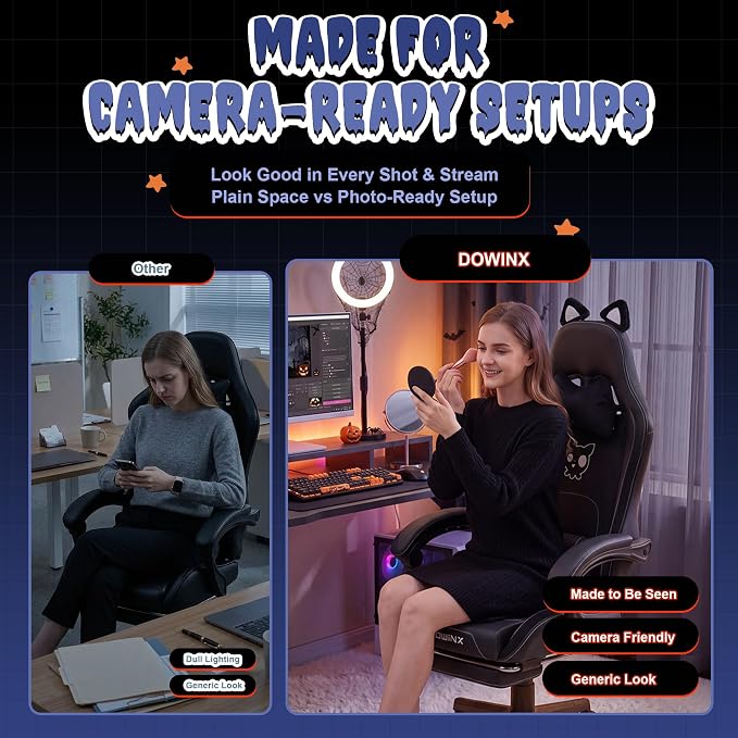 Dowinx Gaming Chair with Cat Ears and Massage Lumbar Support, Ergonomic Computer Chair with Footrest and Headrest, Comfortable Reclining Game Chair 290lbs for Adults, Black