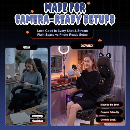 Dowinx Gaming Chair with Cat Ears and Massage Lumbar Support, Ergonomic Computer Chair with Footrest and Headrest, Comfortable Reclining Game Chair 290lbs for Adults, Black