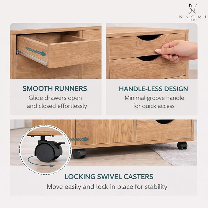 Naomi Home Under Desk Rolling Office File Cabinet with 5 Drawers & Side Storage Cabinet, Mobile Organizer with Shelves & Swivel Casters for Home Office - Natural