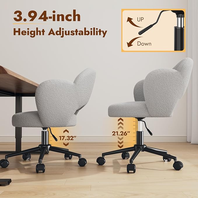 Homkdom Desk Chair with Wheels, 3.94" Thick Comfy Petal Vanity Chair, Swivel Armless Chair with Open Back and Adjustable Height, Ideal for Makeup Study Work and Relaxation, Grey