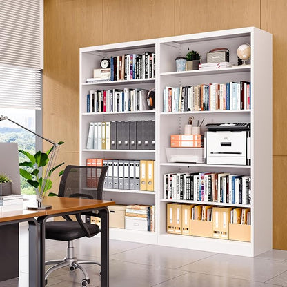 Bookcase, 5 Tier Bookshelves, 14" Deep Book Case for Book/Decor/CD/Movie, Metal Adjustable Book Shelf, 66" Tall Modern Bookshelf for Bedroom Living Room Home Office School (White, 66"Hx33"Wx14"D)