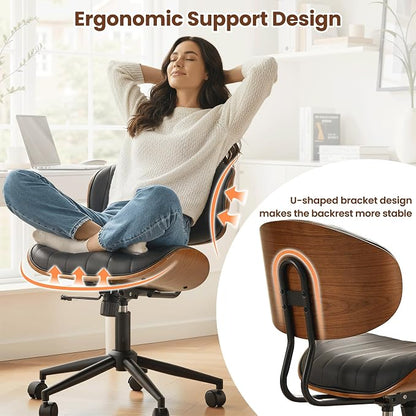 ovios Home Office Chair with Wheels, Modern PU Leather Swivel Computer Desk Chair, Mid Back Adjustable Height Armless Walnut Chairs for Office (Black Stripes)