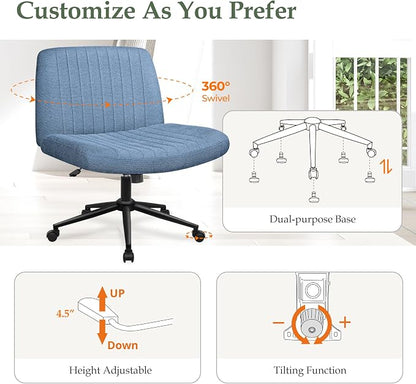 Orange Factory Criss Cross Chair Wheels Wide Cross Legged Office Desk Vanity Dual Base Comfy Fabric Armless Adjustable Swivel for Home Computer Task (Blue Dual Base, Fabric)