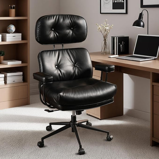 Home Office Chair,Ergonomic Computer Chair with Lumbar Support Adjustable Height,Mid-Century Modern Office Chair with Rolling Swivel Chair for Home Office Game Study(PU Leather Chair,Dark)