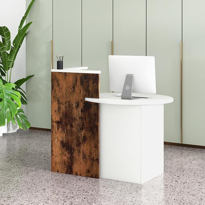 Tangkula Reception Desk, Front Counter Desk with Lockable Drawer & Adjustable Shelf, Oval Desktop, Retail Counter for Checkout, Computer Workstation for Salon Lobby Home Office