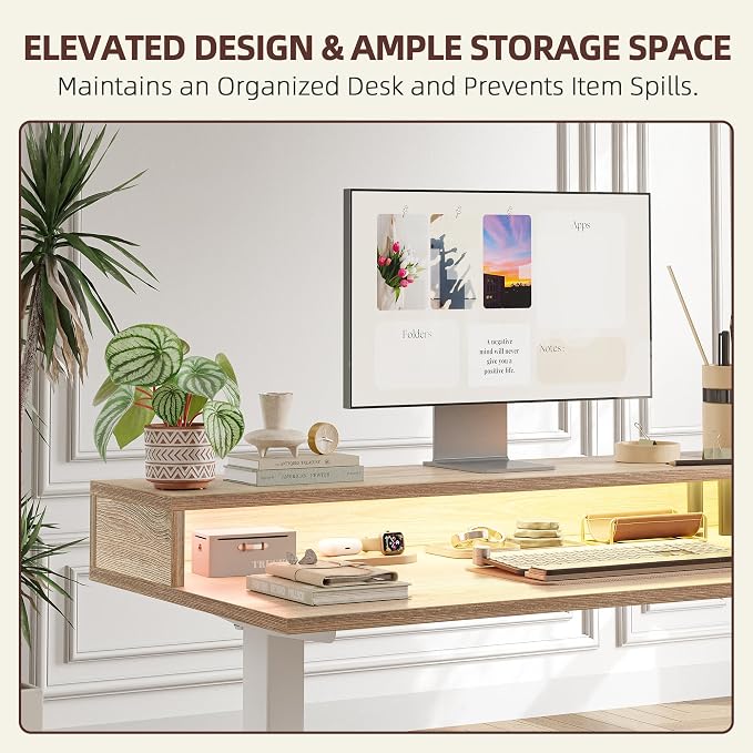 TIQLAB 63'' L-Shaped Standing Desk with LED Light Strip and Power Outlet, Height Adjustable Corner Table with Ergonomic Monitor Stand, Maple